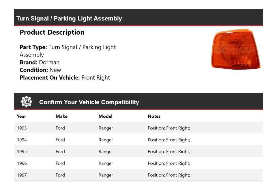 Conjunto de luz de giro/estacionamiento delantera derecha 1994 para Ford Ranger Dorman 1993-1997 Foto 2 de 4