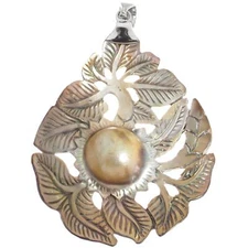 925 Silver Leaves Hand Carving Mabe Blister Pearl In Shell Sterling Pendant, 3"