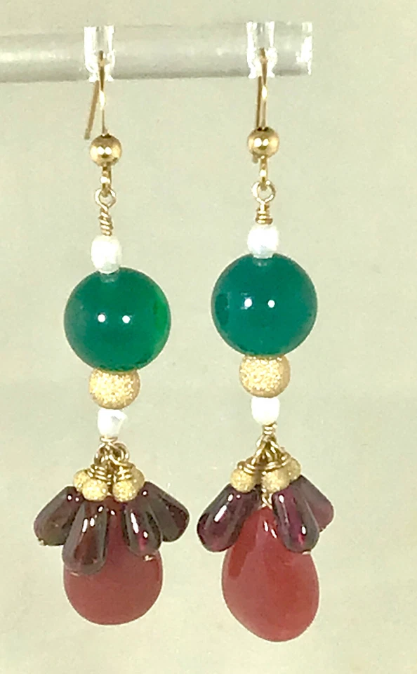 Gold Filled 14K Garnet Jade Wedding Prom Dangle Earrings Artisan Agate Red Green - Image 2 of 2