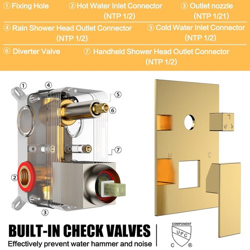 Brushed Gold Shower Faucet Set Rainfall Shower Head Combo Tub Spout Mixer Valve - Picture 35 of 52