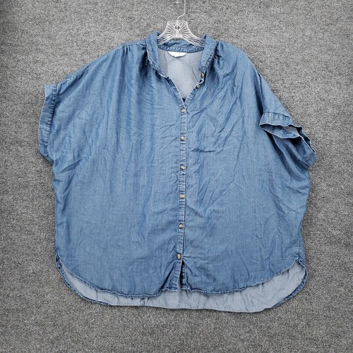 Time And Tru Plus Womens 3XL 22 Blue Chambray Button Up Short Sleeve Collared