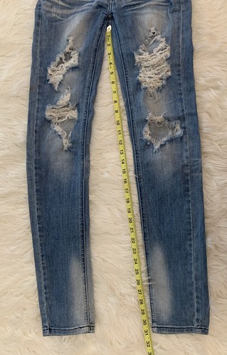 Vaqueros ajustados a máquina talla 5 denim azul rasgado en dificultades - Imagen 8 de 13