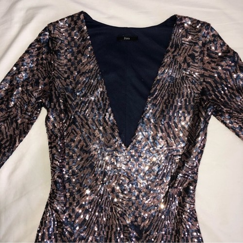 Sparkle Dress S Mini Deep V Plunging Sequined Bodycon Blue Shimmer Metallic Sexy - Picture 9 of 9