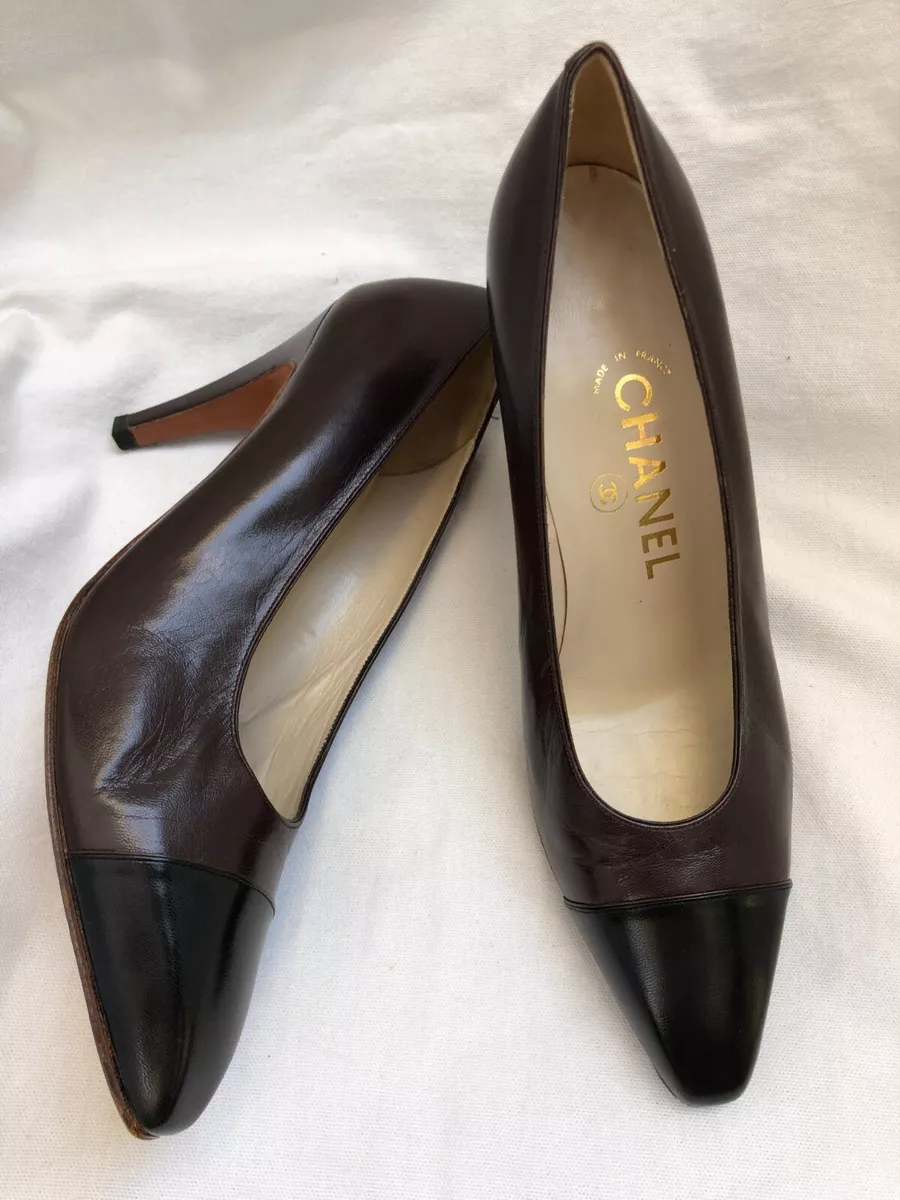 CHANEL NEW Womens Shoes 38 1/2 D Brown Leather Black Cap Toe Heels Ladies Pumps