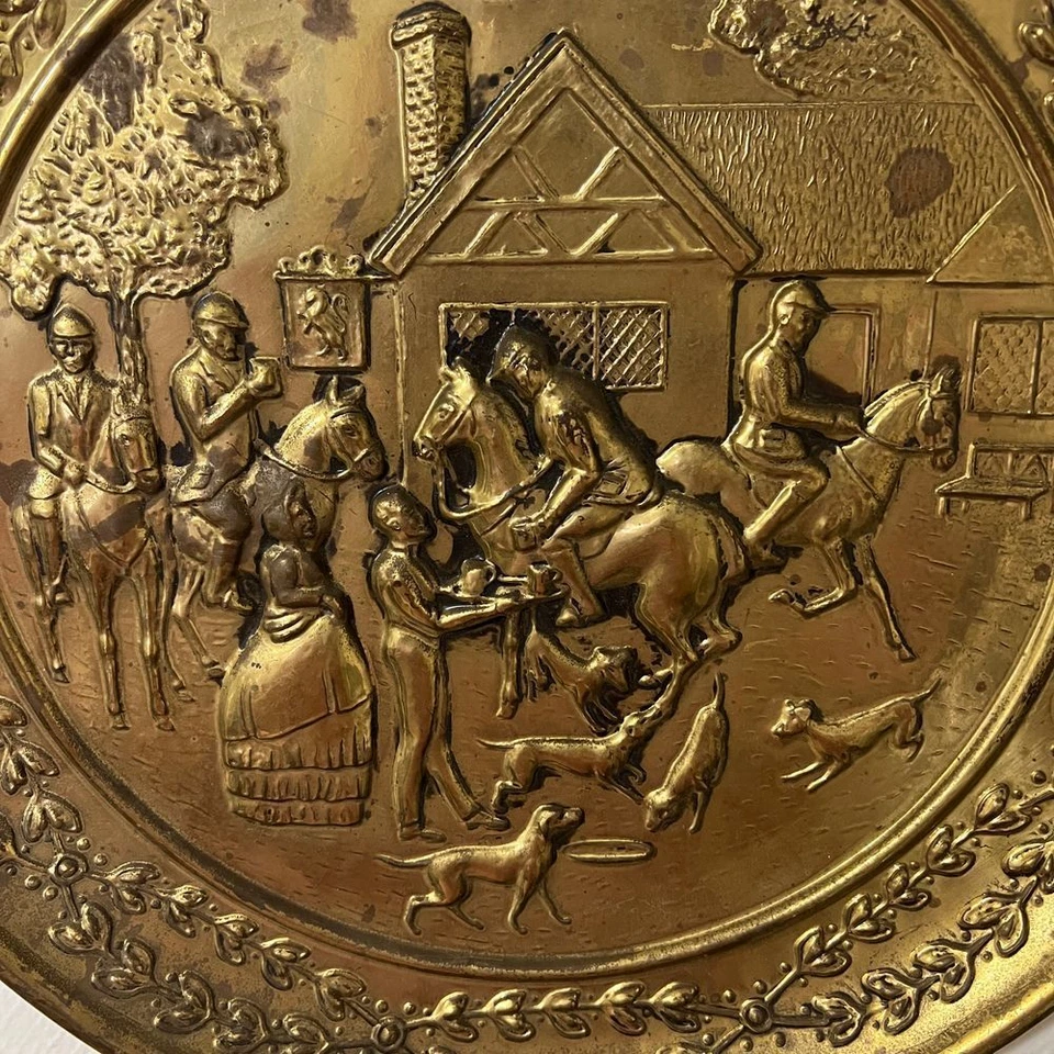 Placa de pared de latón vintage escena de caza de zorros ingleses arte decorativo redondo en relieve Foto 2 de 4