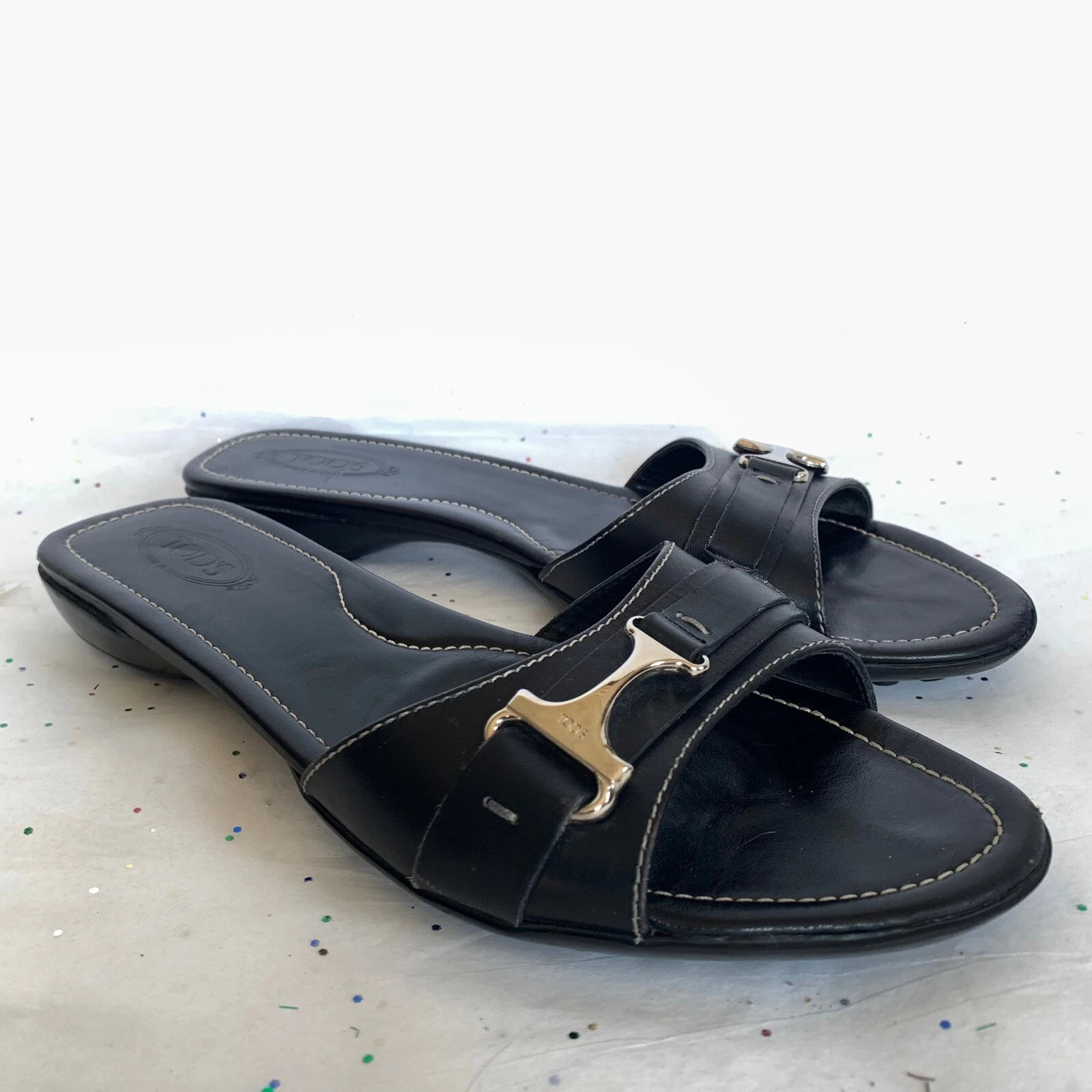 TOD’S Tod's sandali bassi neri classici slide fibbia argento cuciture a contrasto taglia 38