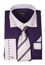 Men's Fashion Dress Shirt French Cuff Purple w/ White Collar/WT Cuff Tie Hanky