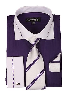 French Cuff + Tie + Handkerchief Set Spread Collar Purple Men's Dress Shirt main image 1