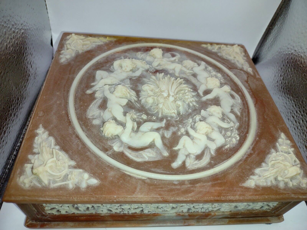 Vintage Incolay Stone Jewelry Keepsake Box Cherub Angels