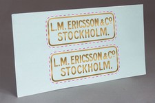 2 SMALL ERICSSON STOCKHOLM  WATER SLIDE DECAL for TELEPHONE RESTORATION!