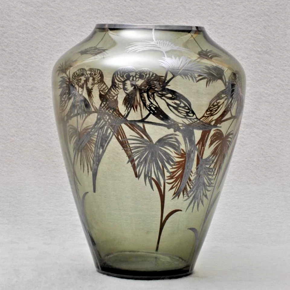 Wunderschöne grünliche Glasvase mit Silberoverlay Papageien, Spahr(?), 30er/40er - Bild 3 von 4
