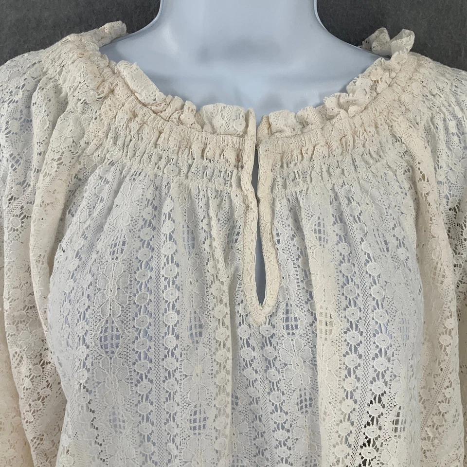 Blusa Top Antigua Azul Marino Crochet Encaje Hombro Descubierto Talla Grande 3X Marfil Campesino Boho Foto 4 de 4