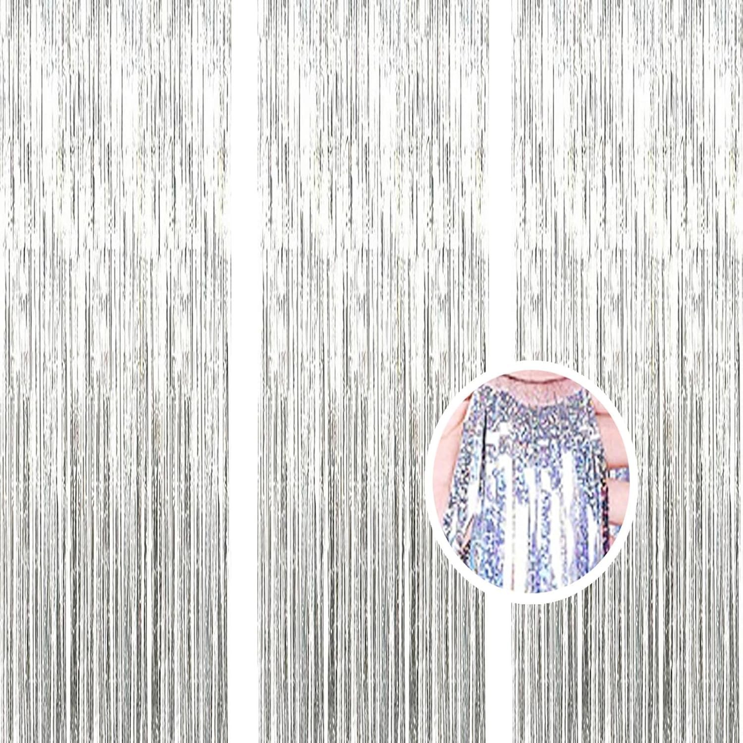 3 Pack 3.2ft*8.2ft Metallic Tinsel Curtains Foil Fringe Shimmer - Laser Silver