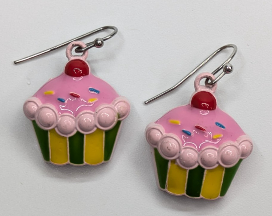 Metal Enamel Pink Frosted Cupcake w/Sprinkles Drop Earrings 1.25" Bakery CUTE!