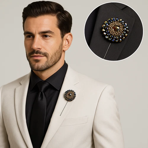Men's Gold & Blue Crystal Lapel Pin Brooch Elegant Suit Accessory Wedding Gift