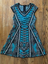 Vintage Y2K 2000s BEBE Turquoise Jacquard Knit Cocktail Fit Flare Mini Dress L