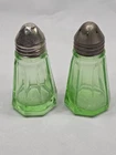 Hazel Atlas Uranium Green Depression Glass Salt & Pepper Shaker Octagon MCM (c)