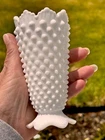 Fenton Hobnail White Milk Glass 5” Crown Top Vase Scalloped Footed
