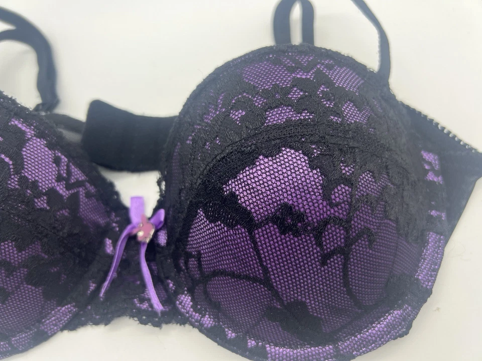 PLAYBOY BUNNY Purple 36C SEXY BLACK LACE CHARM PINK PUSH UP PAD BRA - Image 3 of 4