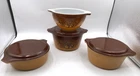 Vtg. SET OF 4 PYREX OLD ORCHARD BRWN CASSEROLE BOWLS WITH LIDS 471, 472, 473,441