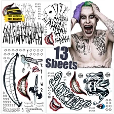 Joker Tattoos 13 Sheets,Halloween Temporary Tattoos for Men,Suicide Squad Fake T