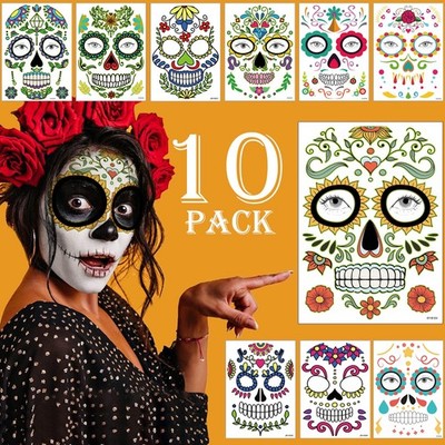 Day of the Dead Face Tattoos Makeup Kit, 10 Pack Halloween Sugar Multicolor 
