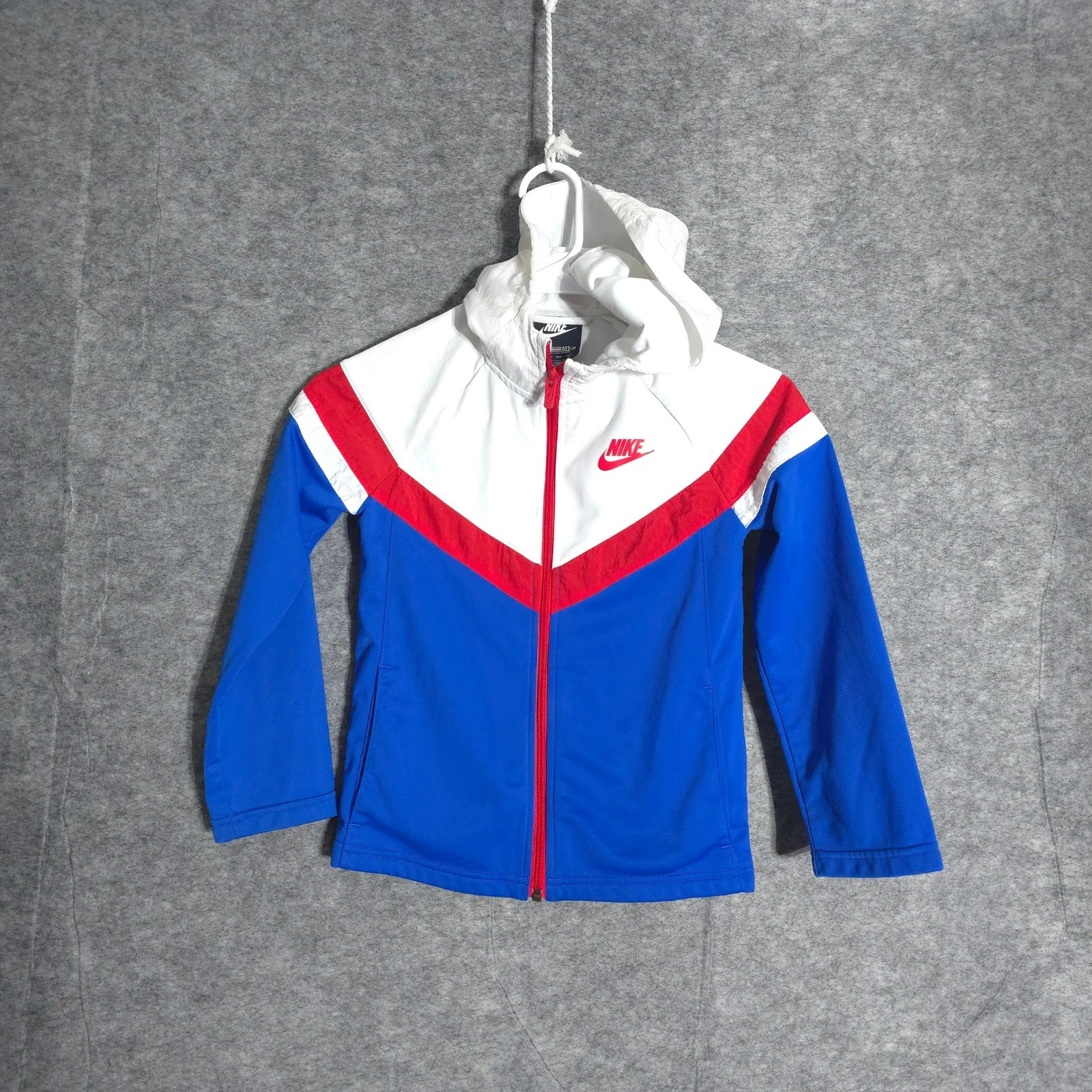 Nike Windbreaker Jacket Hooded Full Zip Kids XS Red White Blue Athletic Shell