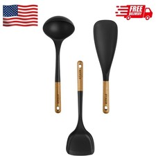 Silicone with Wood Handle Cooking Utensil Set, Matte Black, 3-pc
