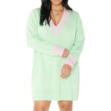 Show Me Your MuMu Hartford Mint Green Pink Varsity V Neck Sweater Dress Sz S