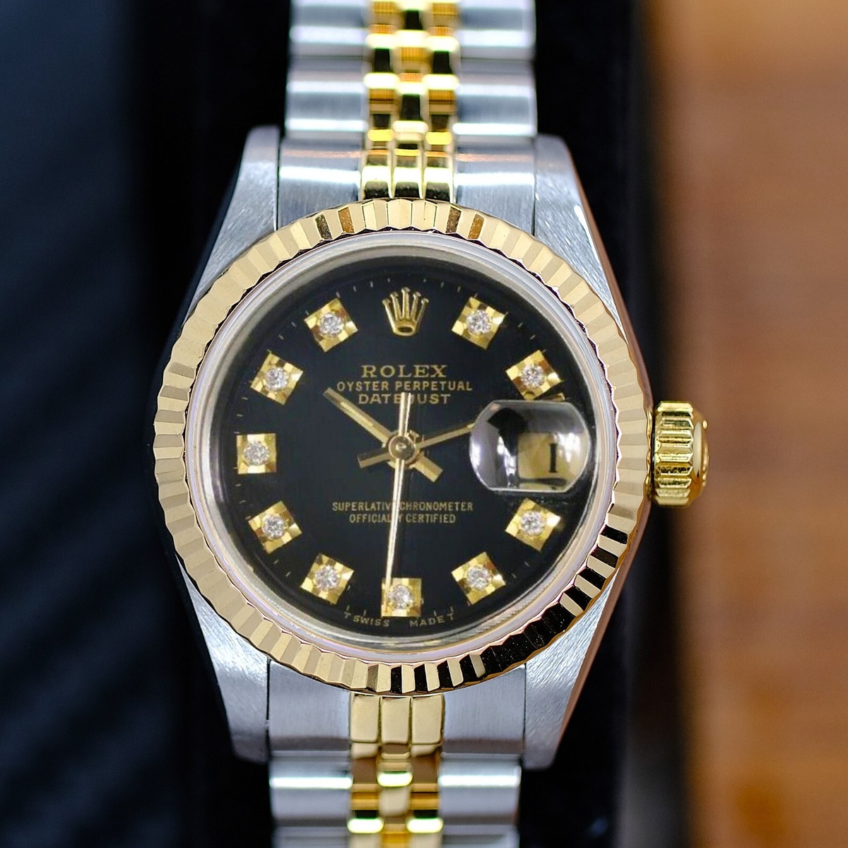 Rolex Datejust 69173 18KY & Steel Black Diamond Dial Fluted