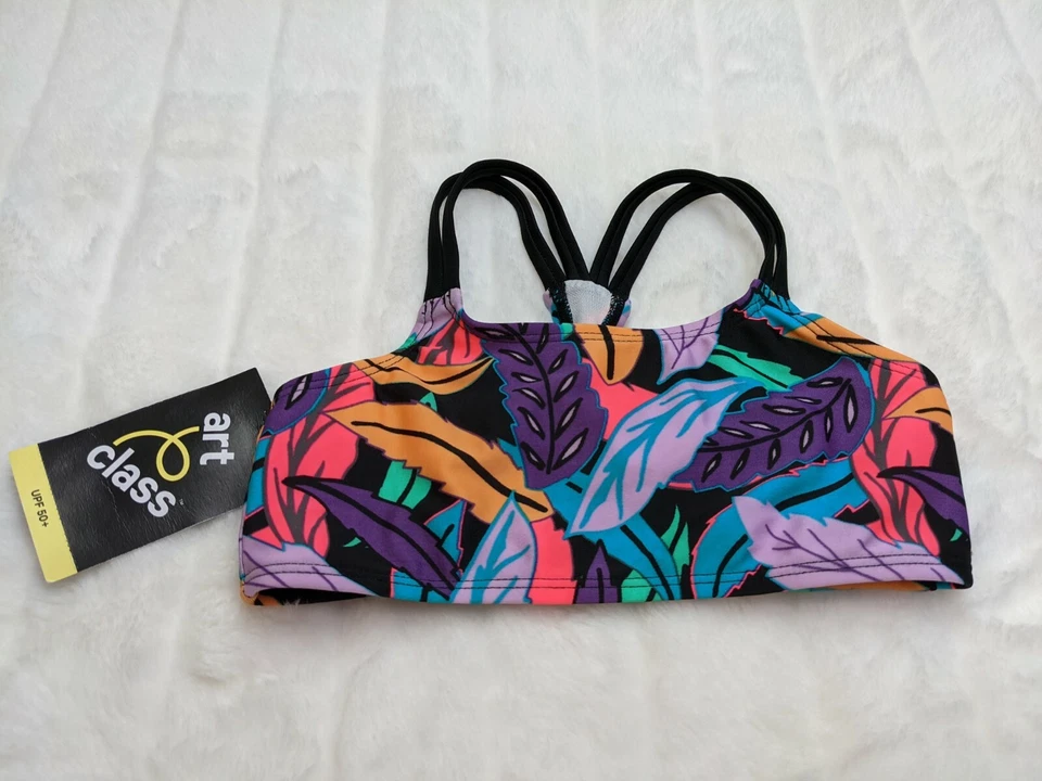 Top de bikini con estampado de hojas de selva para niñas talla XS 4/5 UPF 50+ protección clase de arte Foto 4 de 4