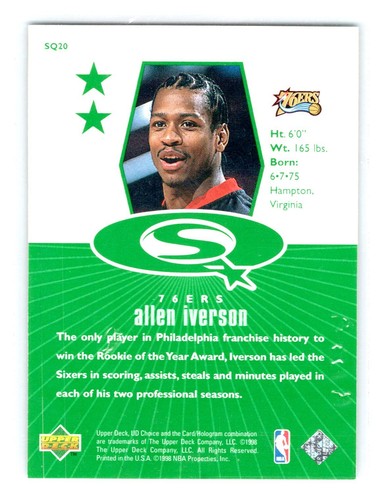 1998 Upper Deck Star Quest #SQ20 Allen Iverson Green Foil Philadelphia 76ers - Bild 2 von 2