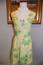 FREE PEOPLE  Cotton Yellow Green Ruched Sun Dress Size 4 