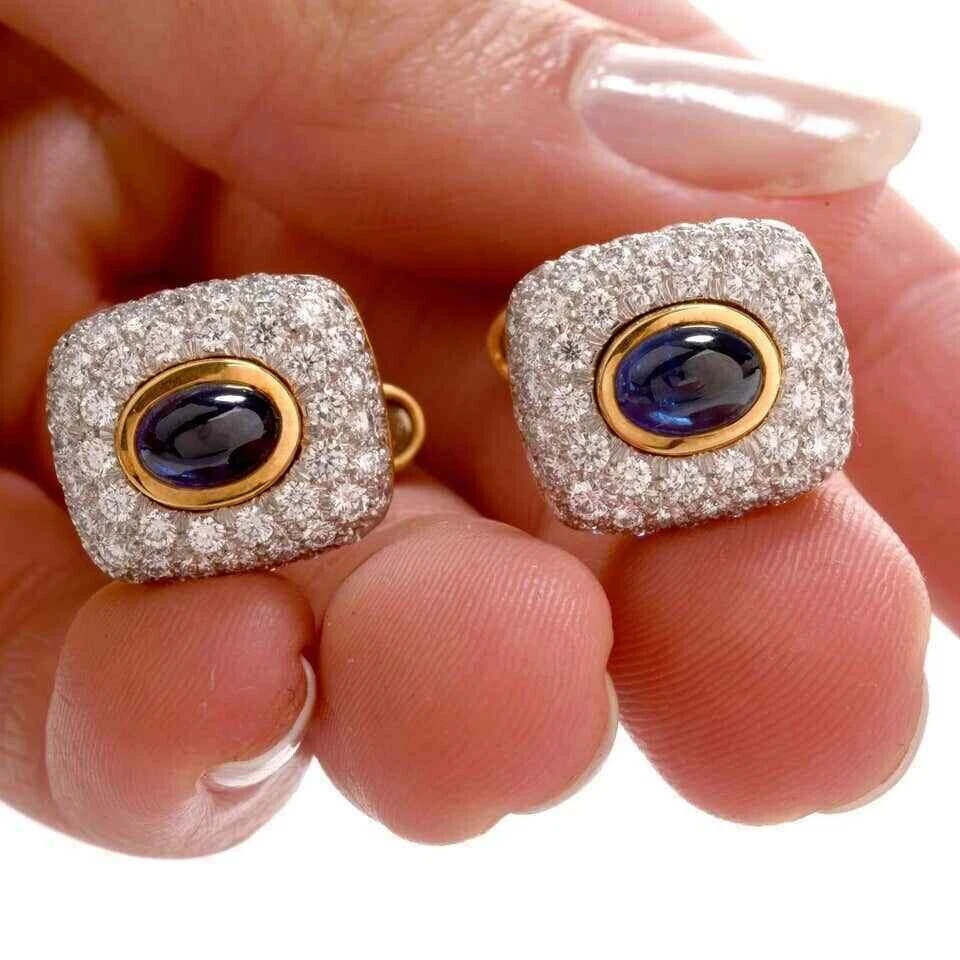 2.50CT Oval cut sapphire & round cz Bezel set yellow rhodium 925 Silver Cufflink - Image 2 of 4