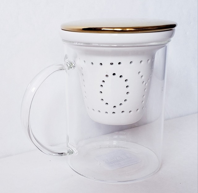 Teavana Ceramic Joy Infuser Glass Tea Mug With Gold Lid / Coaster eBay