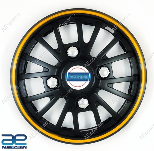 4 Pièces Neuf Moyeu Roue Capuchons Housse Plastique Noir Jaune 12-14 " Pour Auto - Photo 2 sur 2
