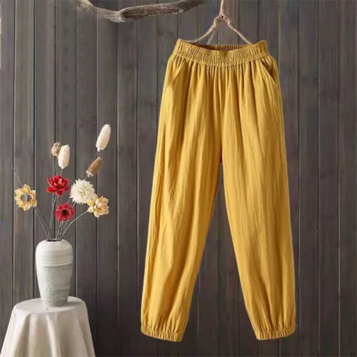 Retro Cotton Harem Pants with Pockets Women Elastic Waist Loose Casual Plus Size - Picture 7 of 22