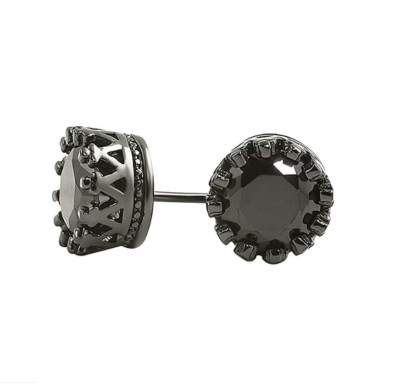 10mm/8mm Men Sterling silver Post Black Royal Crown Round Zircon Earrings Studs