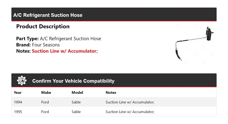 Manguera de succión de refrigerante aire acondicionado Ford Sable 1994-1995 4 estaciones Foto 2 de 4