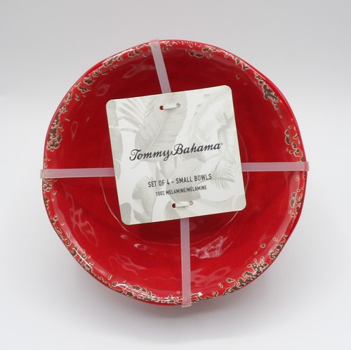TOMMY BAHAMA MELAMINE CEREAL BOWLS RUSTIC CRACKLE RED SPATTERED BROWN S/4 NEW - Picture 3 of 17