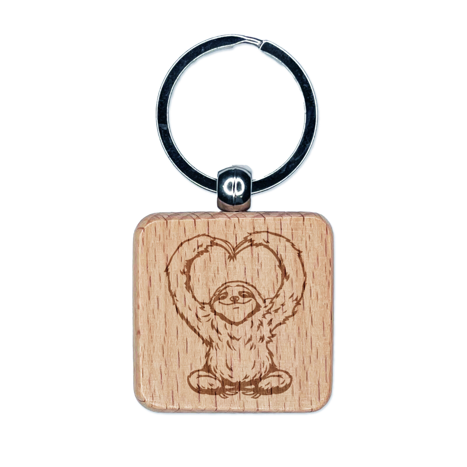 Happy Sloth Heart Arms Wooden Square Keychain Tag Charm Gift Idea