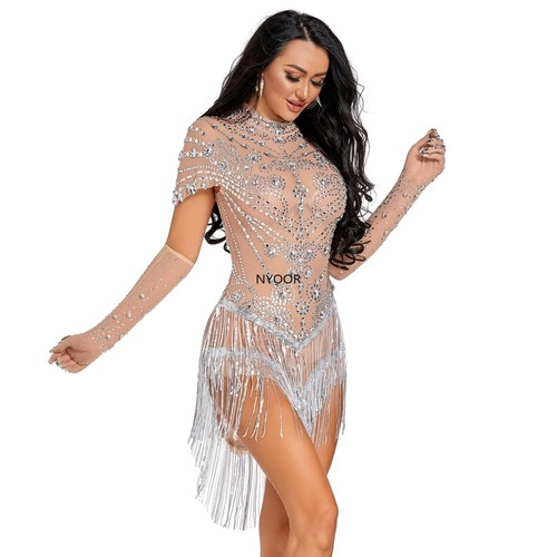Sparkly Rhinestone Sexy Perspective Crystal Leotard Nightclub Outfit Costume - Picture 4 of 14