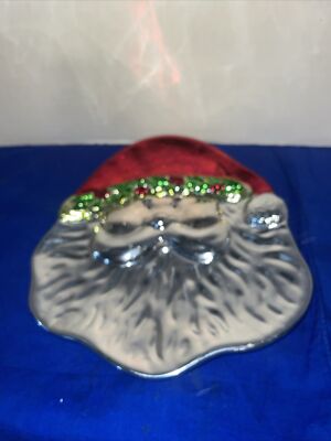 Beautiful Santa Face Serving Platter- Metallic Finish- Food Safe- Estate Find