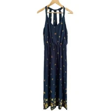 Floral Maxi Dress Navy Blue Yellow Sleeveless Summer Casual