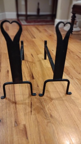 Amazing PA Dutch Heart Shaped Wrought Iron Fireplace Fire Dogs Andirons
