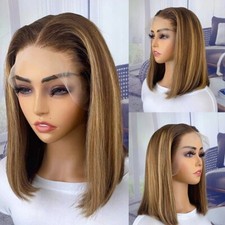 Blond Brown Mix Short Bob Straight Remy 100 Human Hair T Part Lace Front Wigs