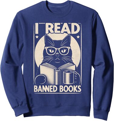 I Read Banned Books Bookworm Cat Reading Book Reader Unisex Crewneck Sweatshirt