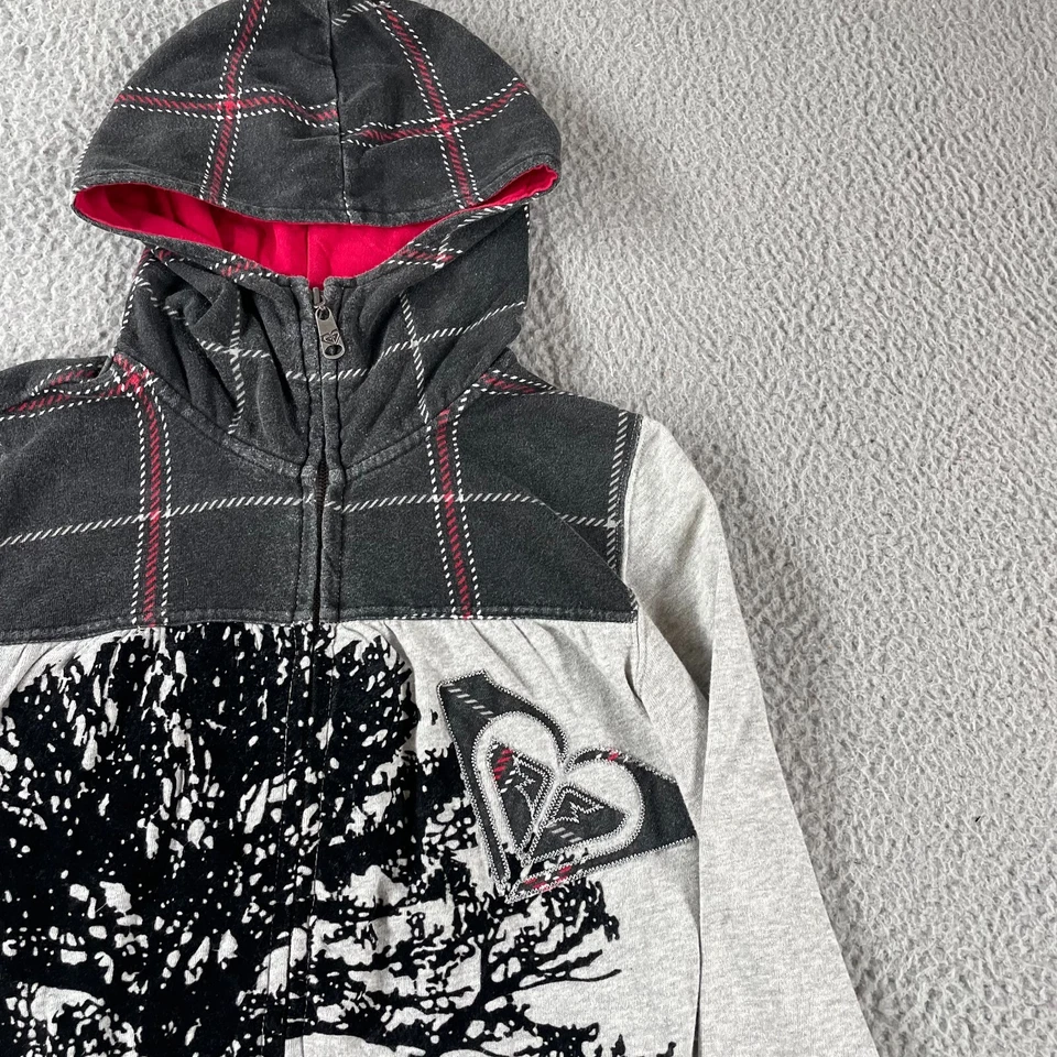 Sudadera con capucha vintage Y2K Roxy cremallera completa para mujer talla pequeña gris a cuadros corazón naturaleza cremallera Foto 3 de 4