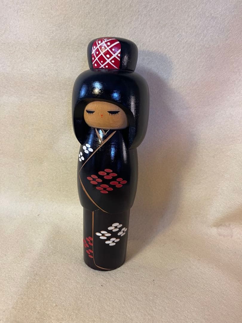 Traditional Kokeshi Doll Kunio Toshiyagawa Kimono Pattern Black Red White Art Aw