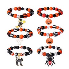Halloween Beaded Stretch Bracelet-Goth Spooky Ghost Pumpkin Spider Cat Witch Cha